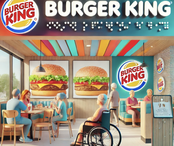 Restaurant Burger King : intérieur coloré avec tables, burgers géants, personnes en train de manger et personne en faut