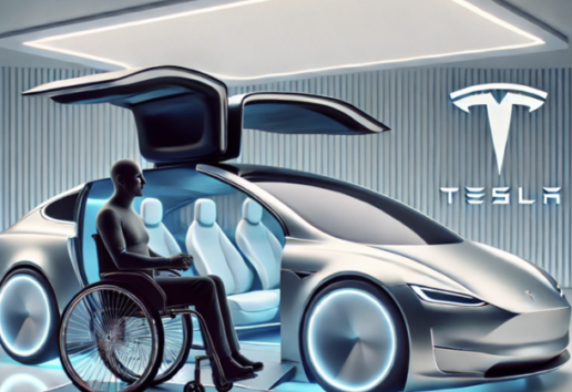 Personne en fauteuil roulant dans un véhicule Tesla futuriste et accessible, avec portes élargies.