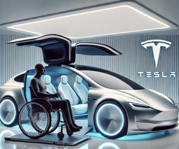 Personne en fauteuil roulant dans un véhicule Tesla futuriste et accessible, avec portes élargies.