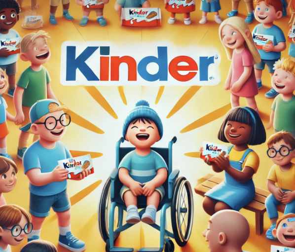 Illustration inclusive Kinder : enfants souriants avec un enfant en fauteuil roulant partageant des moments joyeux.