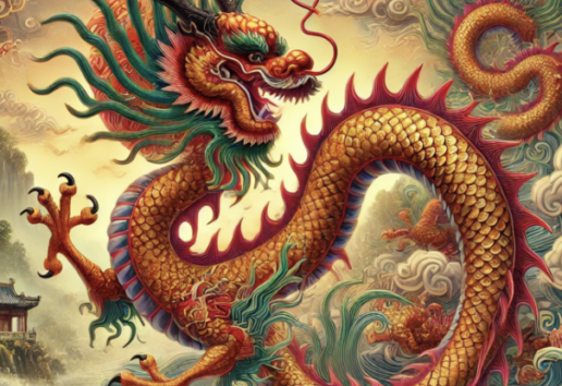 Dragon chinois majestueux survolant nuages et vagues, avec motifs traditionnels et architecture en arrière-plan.