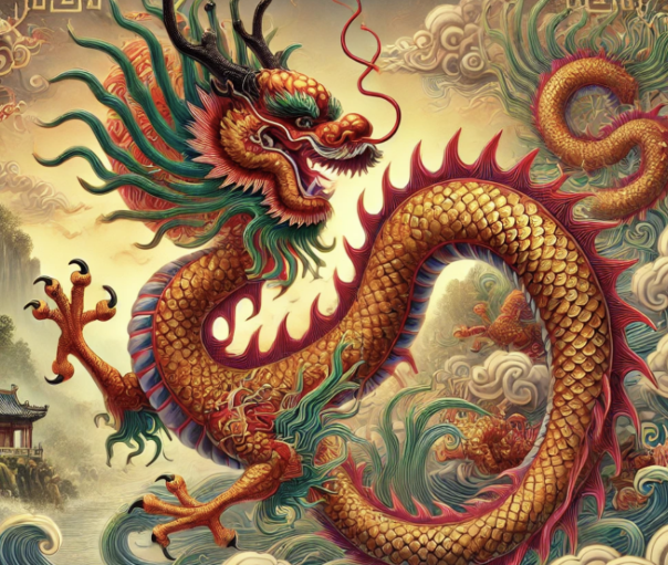 Dragon chinois majestueux survolant nuages et vagues, avec motifs traditionnels et architecture en arrière-plan.