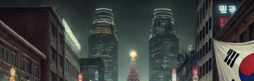 Cette image montre une ville nocturne avec des gratte-ciels illuminés, un sapin de Noël et un drapeau coréen en premier pl