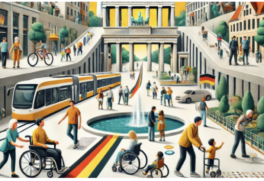 Cette illustration montre une scène urbaine dynamique et inclusive avec transports, personnes diversifiées et architecture