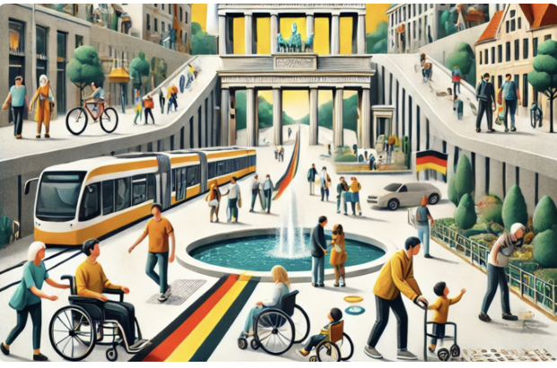 Cette illustration montre une scène urbaine dynamique et inclusive avec transports, personnes diversifiées et architecture