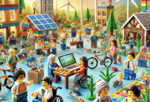 Village Lego coloré et inclusif avec habitants divers, énergie renouvelable, activités communautaires et nature." (124 ca