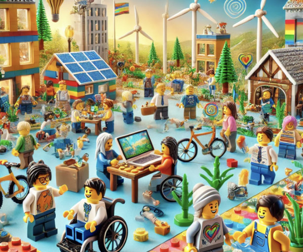 Village Lego coloré et inclusif avec habitants divers, énergie renouvelable, activités communautaires et nature." (124 ca