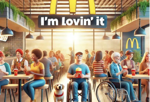 Restaurant McDonald's animé : divers clients, dont deux en fauteuils roulants, dégustent en bonne compagnie sous le slogan