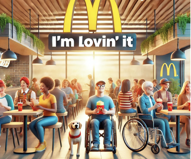 Restaurant McDonald's animé : divers clients, dont deux en fauteuils roulants, dégustent en bonne compagnie sous le slogan