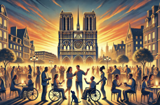 Crépuscule animé à Paris : foule diverse devant Notre-Dame, avec restaurants et espaces accessibles, sous ciel doré.