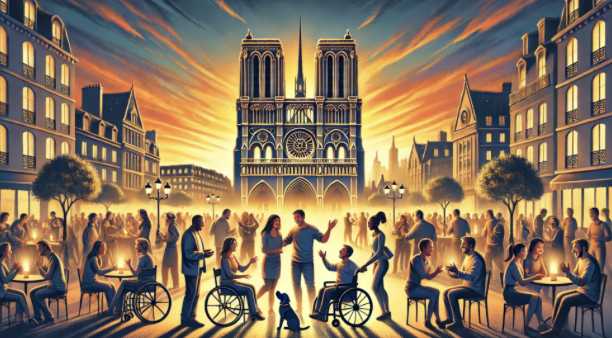 Crépuscule animé à Paris : foule diverse devant Notre-Dame, avec restaurants et espaces accessibles, sous ciel doré.