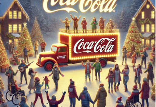 Image festive : scène hivernale avec un camion Coca-Cola illuminé, groupe joyeux enneigé, incluant personnes en fauteuil r