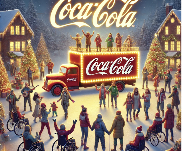 Image festive : scène hivernale avec un camion Coca-Cola illuminé, groupe joyeux enneigé, incluant personnes en fauteuil r