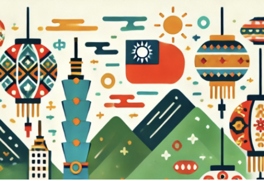 Illustration colorée de lanternes, montagnes, gratte-ciel et emblèmes culturels stylisés, évoquant une scène festive et