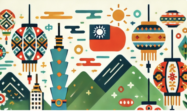 Illustration colorée de lanternes, montagnes, gratte-ciel et emblèmes culturels stylisés, évoquant une scène festive et