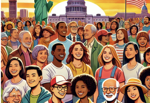 Groupe diversifié souriant devant monuments emblématiques (Statue de la Liberté, Capitole, Big Ben) sous drapeau améri