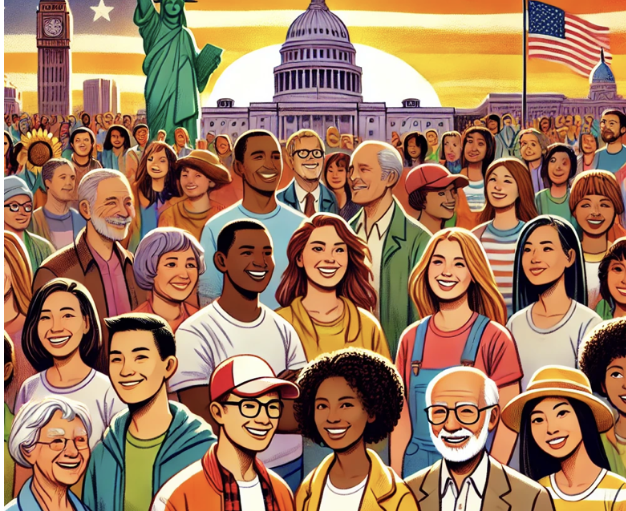 Groupe diversifié souriant devant monuments emblématiques (Statue de la Liberté, Capitole, Big Ben) sous drapeau améri