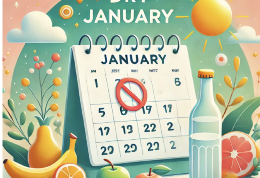 Image illustrant le "Dry January" : calendrier de janvier avec interdiction du 1er, fruits et bouteille vide.