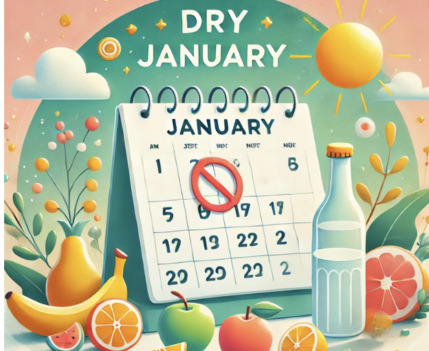 Image illustrant le "Dry January" : calendrier de janvier avec interdiction du 1er, fruits et bouteille vide.