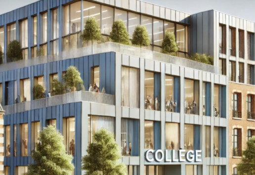 Bâtiment moderne de collège avec terrasses végétalisées et façade vitrée, entouré d'arbres.