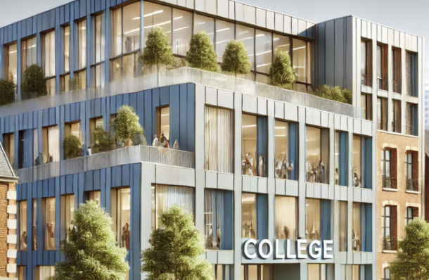 Bâtiment moderne de collège avec terrasses végétalisées et façade vitrée, entouré d'arbres.