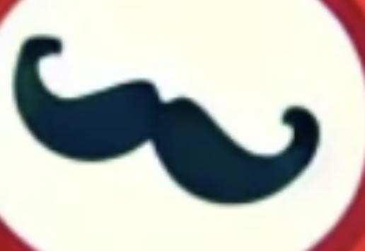 Logo stylisé de moustache noire sur fond blanc dans un cercle rouge.