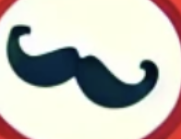 Logo stylisé de moustache noire sur fond blanc dans un cercle rouge.