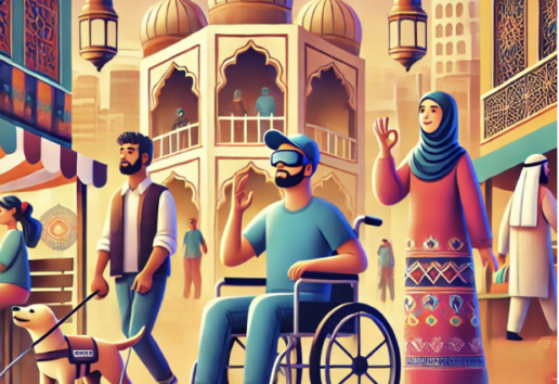 Illustration colorée d’une scène urbaine avec personnes diversifiées : un homme en fauteuil roulant, une femme souriant