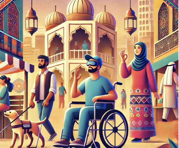 Illustration colorée d’une scène urbaine avec personnes diversifiées : un homme en fauteuil roulant, une femme souriant