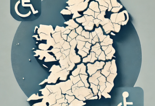 Carte de l'Irlande fissurée avec symboles d'accessibilité pour personnes à mobilité réduite.