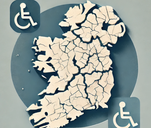 Carte de l'Irlande fissurée avec symboles d'accessibilité pour personnes à mobilité réduite.
