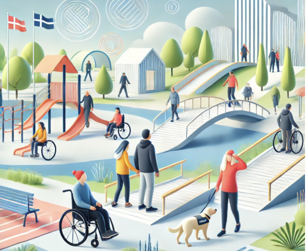 Parc urbain inclusif avec jeux, ponts, sentiers accessibles, personnes diversifiées et chien guide.
