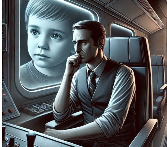 Un homme en costume réfléchit près d'un écran montrant un enfant, dans un intérieur futuriste et sombre.