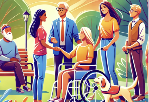 Image illustrant une scène inclusive : groupe diversifié en interaction joyeuse dans un parc, incluant une personne en faut