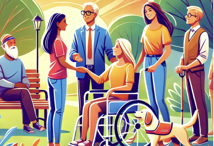 Image illustrant une scène inclusive : groupe diversifié en interaction joyeuse dans un parc, incluant une personne en faut