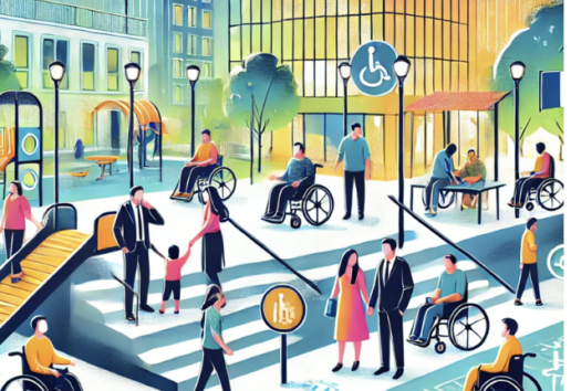 Illustration urbaine inclusive : personnes diversement mobilisées dans un espace public accessible, symbolisant l'inclusion
