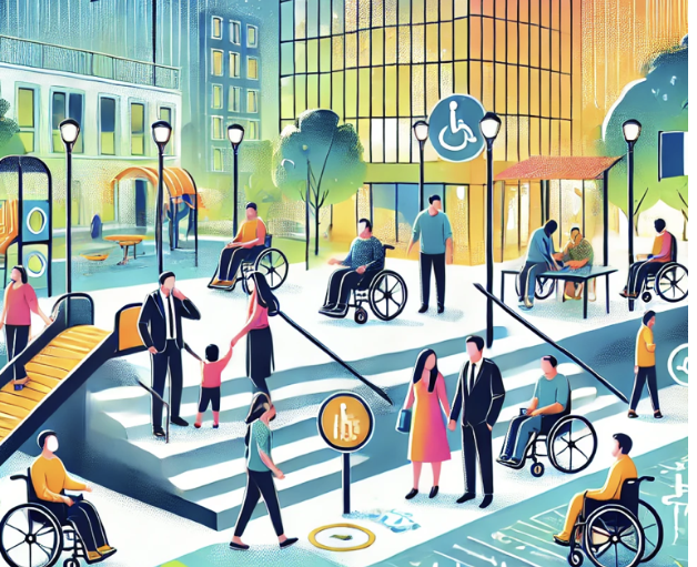 Illustration urbaine inclusive : personnes diversement mobilisées dans un espace public accessible, symbolisant l'inclusion