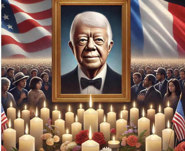 Portrait d’un homme dans un cadre doré, entouré de bougies et fleurs, sous drapeaux américain et français, devant un