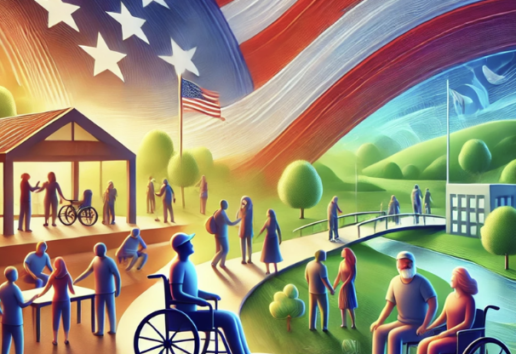 Cette image illustre une scène communautaire inclusive sous un drapeau américain, mettant en avant l'inclusion et l'entraid