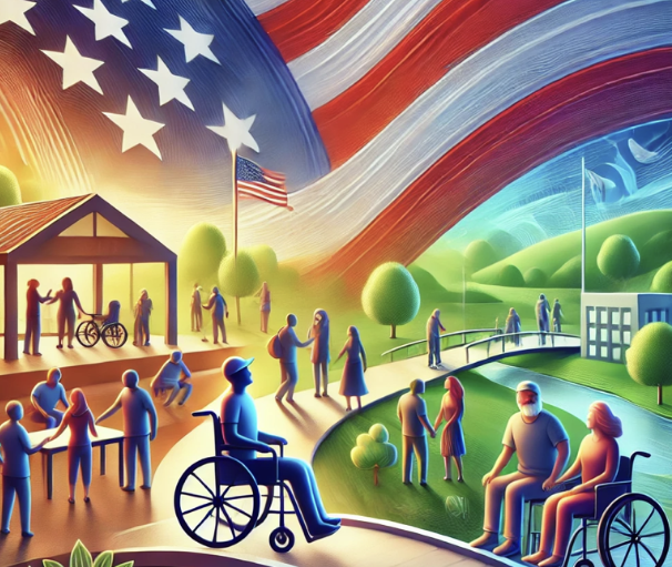 Cette image illustre une scène communautaire inclusive sous un drapeau américain, mettant en avant l'inclusion et l'entraid