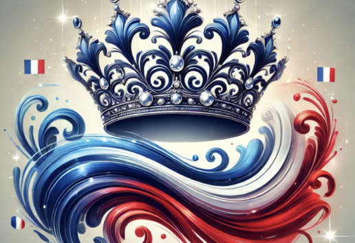 Couronne élégante sur fond de vagues stylisées aux couleurs bleu, blanc, rouge avec drapeaux français.