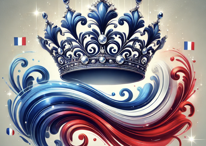 Couronne élégante sur fond de vagues stylisées aux couleurs bleu, blanc, rouge avec drapeaux français.