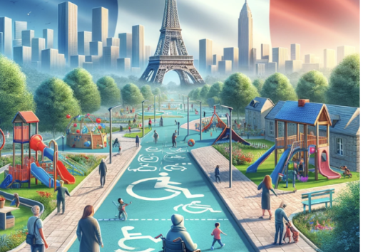 Ville accessible : Place centrale avec Eiffel en arrière-plan, personnes diversement mobilisées, pistes cyclables adaptée