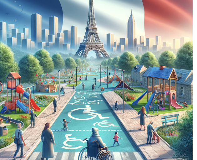 Ville accessible : Place centrale avec Eiffel en arrière-plan, personnes diversement mobilisées, pistes cyclables adaptée