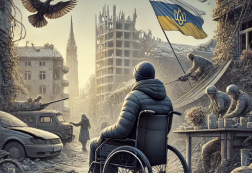Scène de guerre urbaine : civils et soldats dans un paysage dévasté, drapeau ukrainien flottant, ambiance de résilience