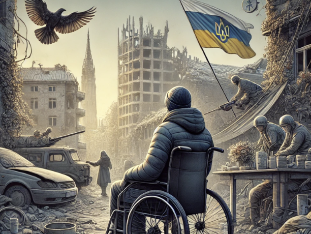 Scène de guerre urbaine : civils et soldats dans un paysage dévasté, drapeau ukrainien flottant, ambiance de résilience