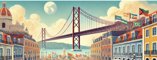 Ville portuaire avec pont emblématique, architecture colorée et drapeaux flottant sous ciel dégagé.