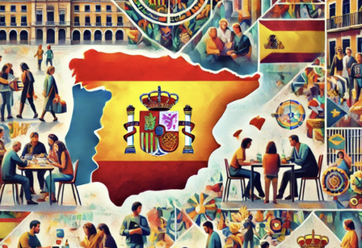 Cette image illustre la diversité culturelle et sociale d'Espagne à travers scènes et symboles emblématiques.