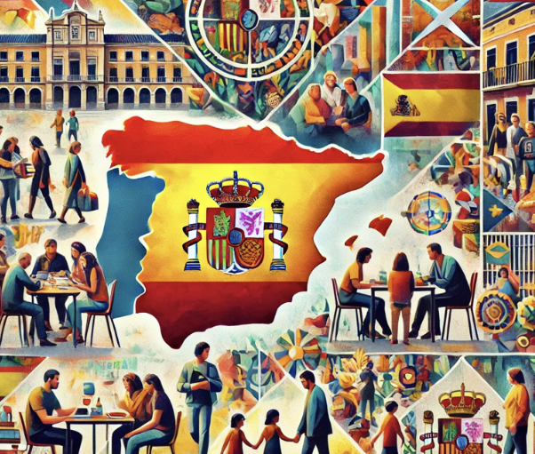 Cette image illustre la diversité culturelle et sociale d'Espagne à travers scènes et symboles emblématiques.