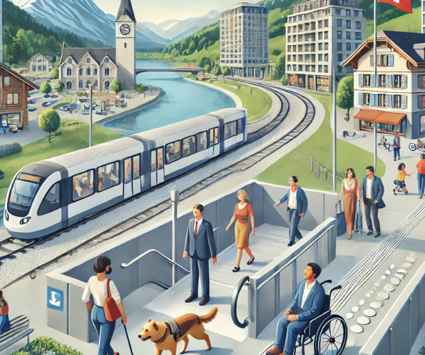 Gare moderne en montagne : train arrivant, passagers divers, accès PMR, chien guide et paysage alpin. » (124 caractères
